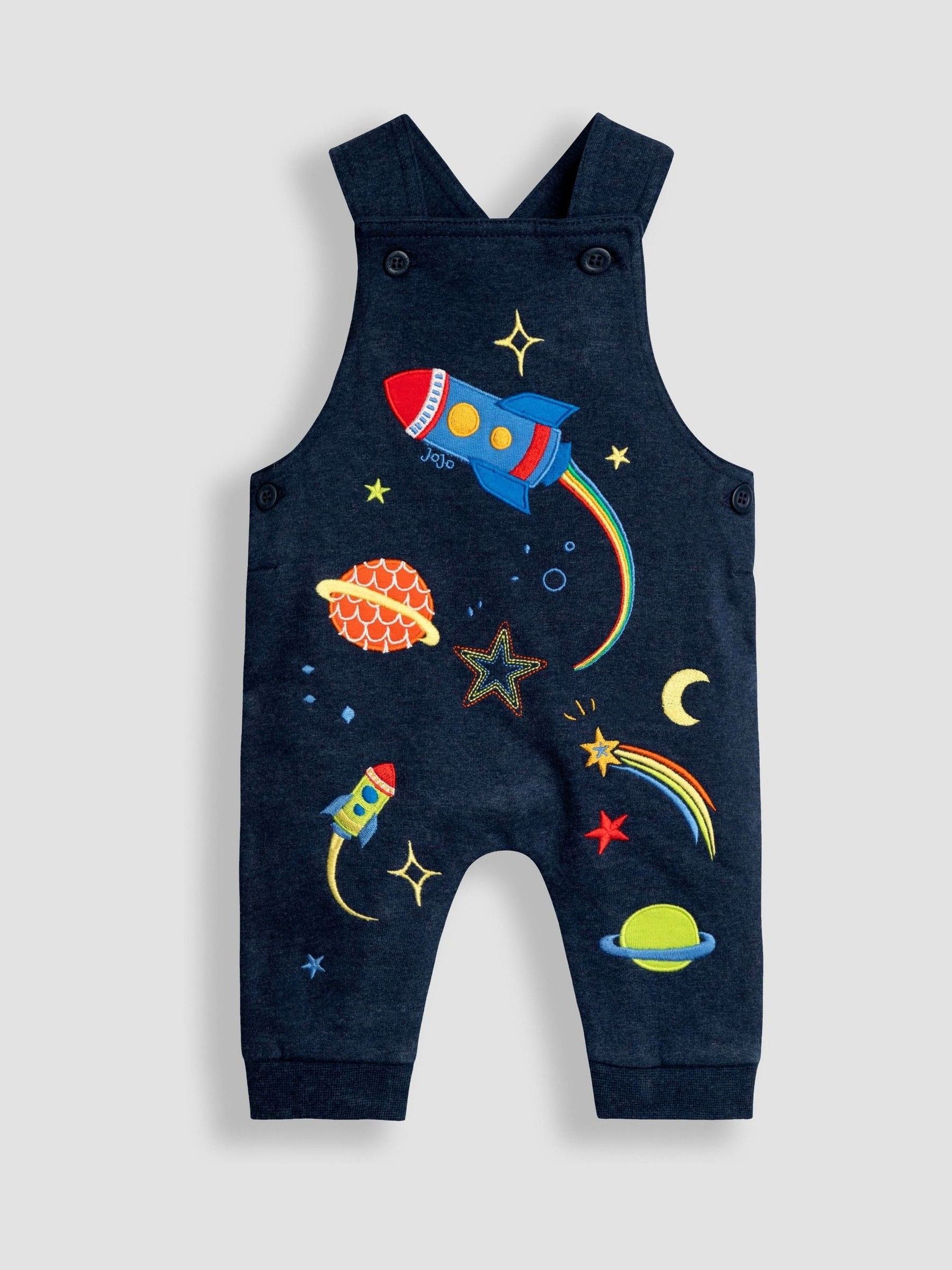 Marineblauw space - JoJo Maman Bébé 2-delige set van tuinbroek met applicatie en top met print