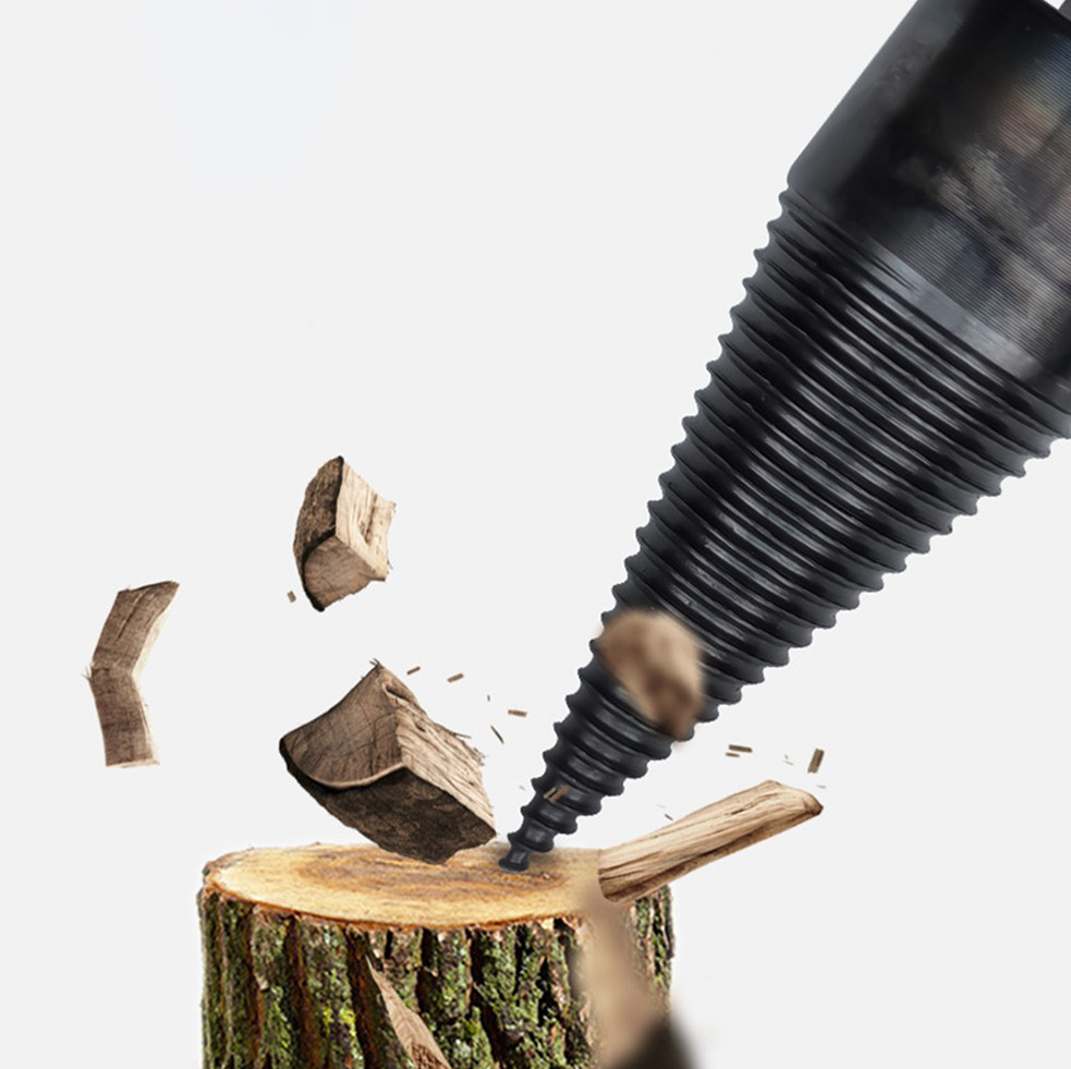 3in1 Holzspalter Bohraufsatz Edelstahl Spaltbrecher Kegeltreiber Werkzeug - Schwarz