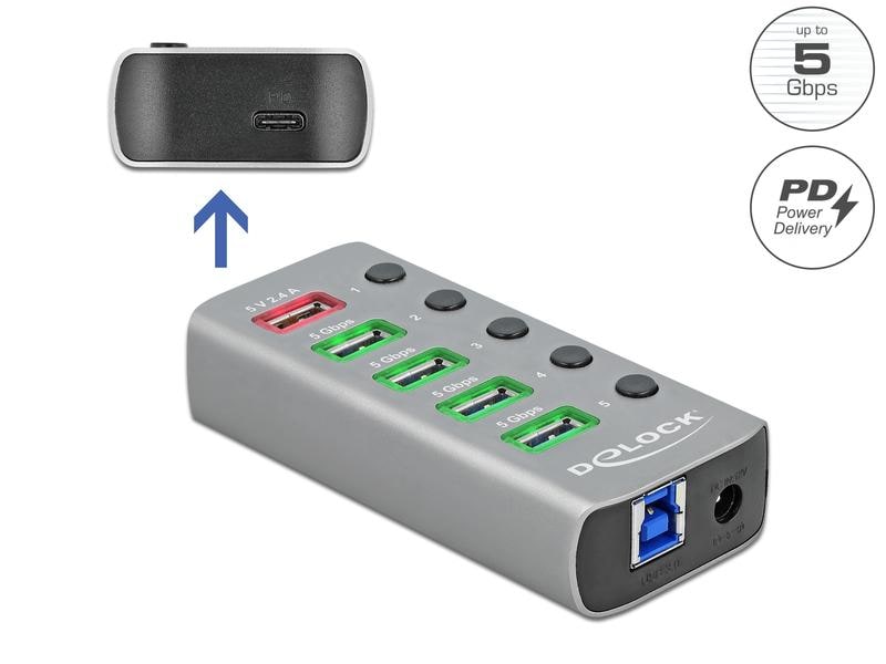 Delock USB-Hub 63263 USB 3.0 - 4x USB-A / 2x Ladeanschluss USB-Hub mit einzeln aktivierbaren Anschlüssen