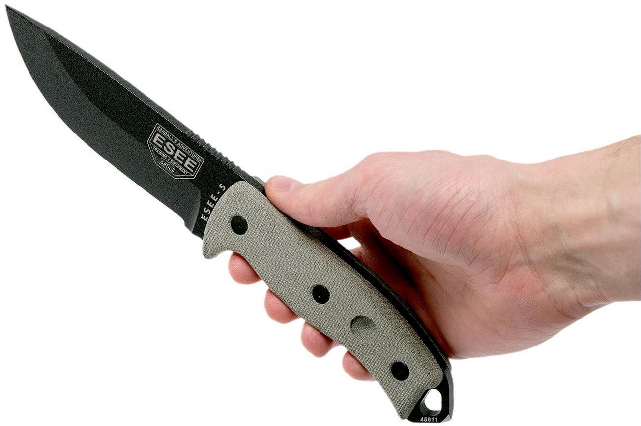 ESEE Model 5 black blade, desert tan handle 5P-BK met kydex schede   riemclip