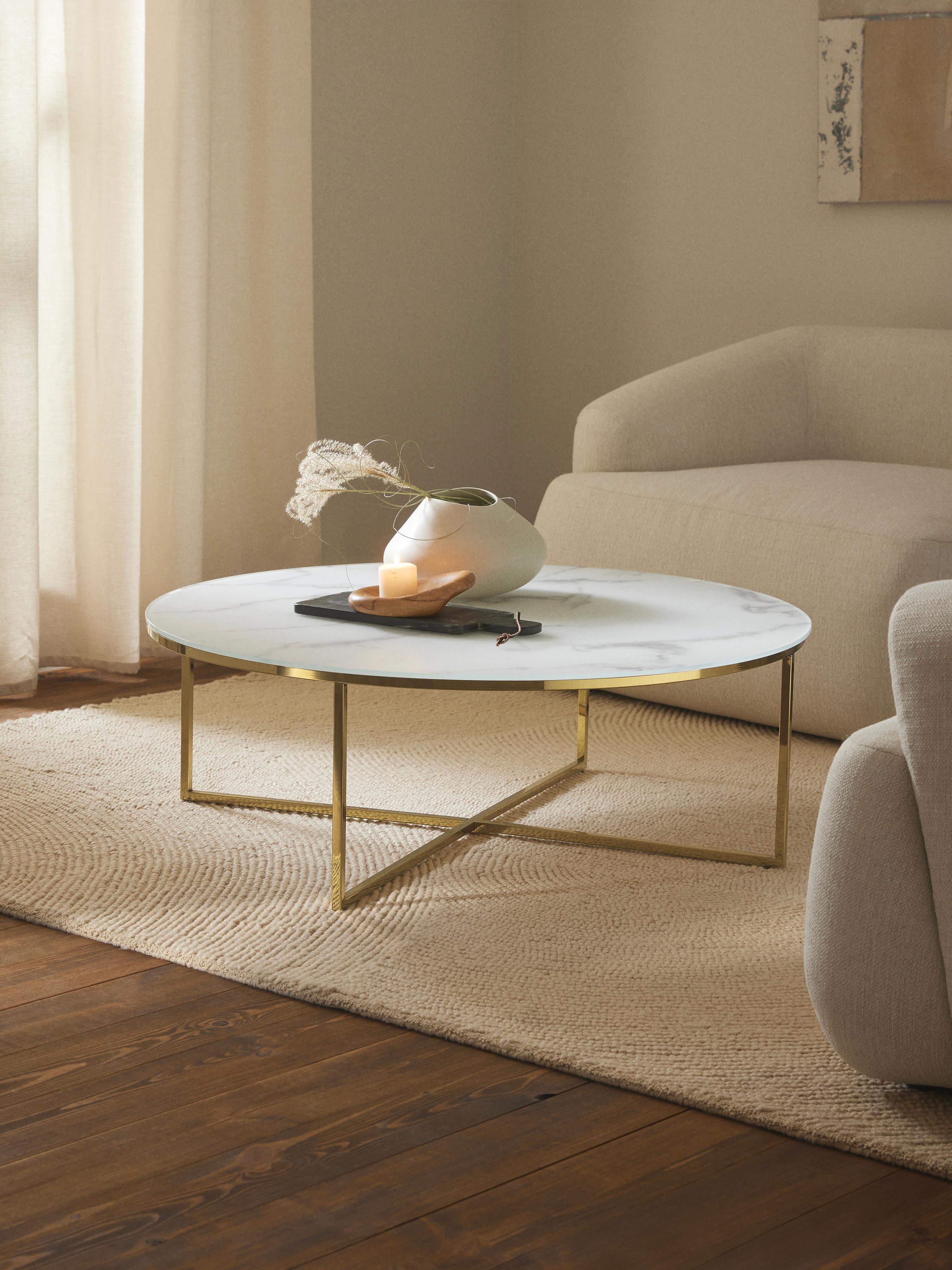 Ronde XL-salontafel Antigua met glazen tafelblad in marmerlook