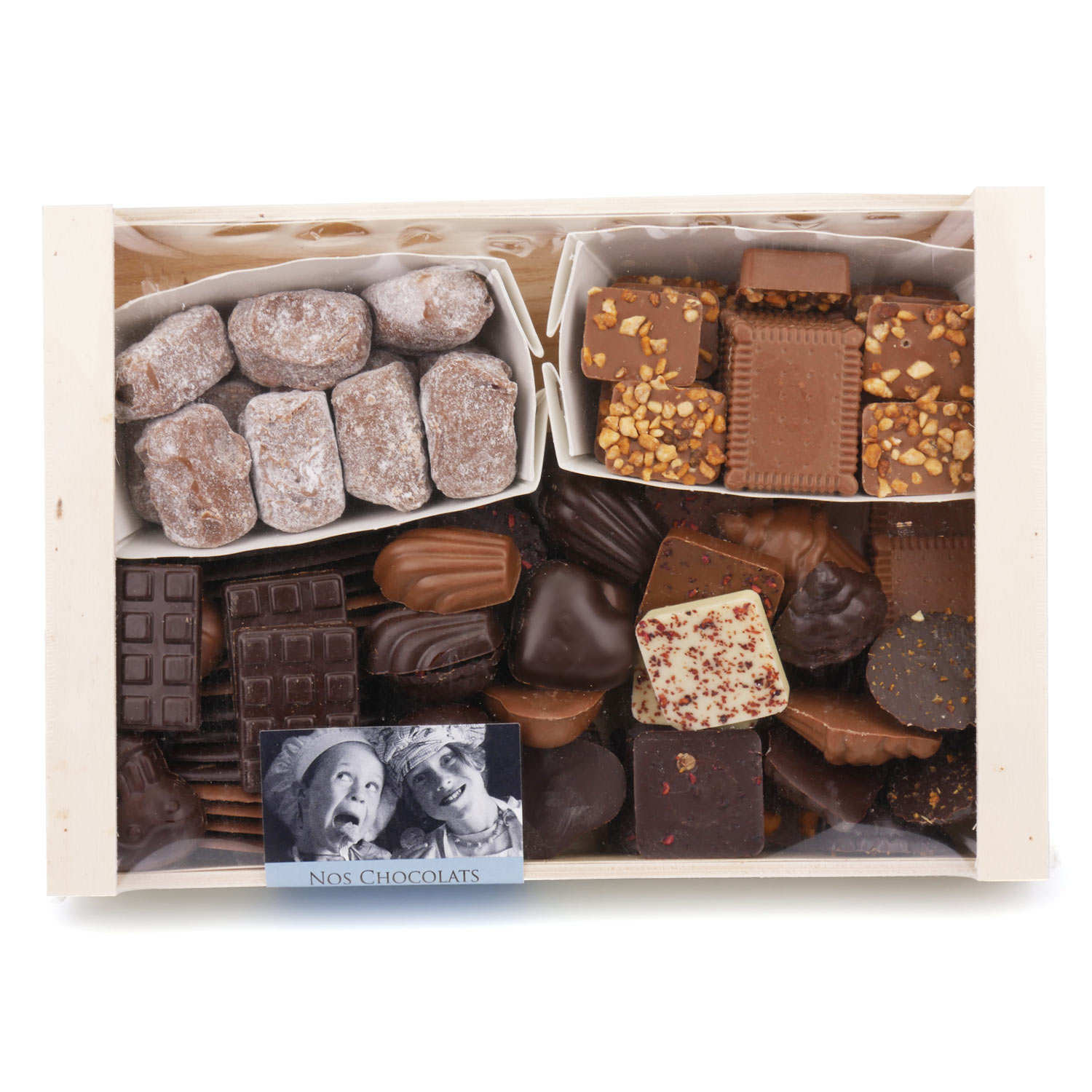 Assortiment de chocolats en cagette bois - 720g
