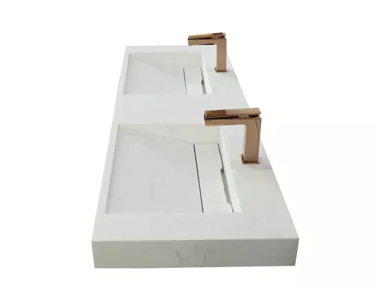 Double vasque suspendue en solid surface effet marbre blanc - KODIAK - L120.2 x l45.2 x H8 cm