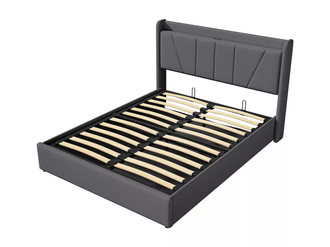 Lit double 160*200cm avec 2USB+1port de type-c+levier pneumatique, Noir, Linen