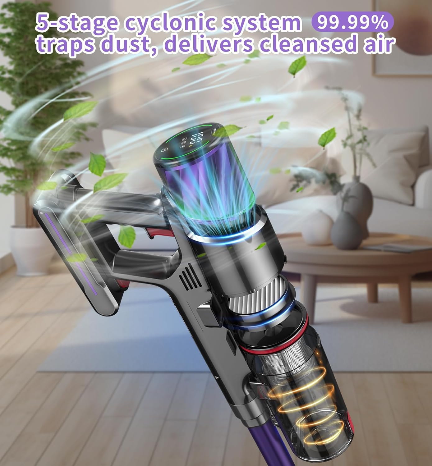 AKKU Staubsauger Kabellos 550W 50Kpa Leistungstark, Akku Sauger Beutellos mit Touchscreen Selbststehend Anti-Tangle, für Teppiche Hartböden Bett Auto