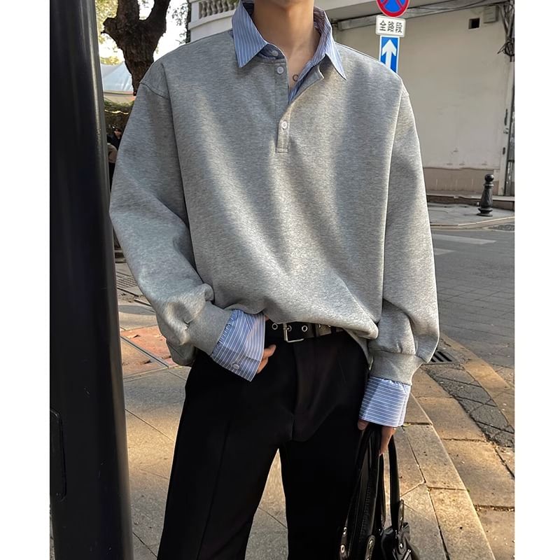Posive - Mock Two-Piece Sweatshirt met Gestreepte Kraag en Paneel