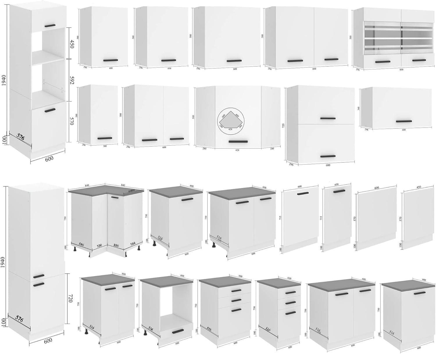BELINI | Küchenzeile Küchenblock Lucy - Küchen-Möbel 300 cm | Küche komplett ohne Elektrogeräten mit Hängeschränke und Unterschränke | Ohne Arbeitsplatten | Weiß matt