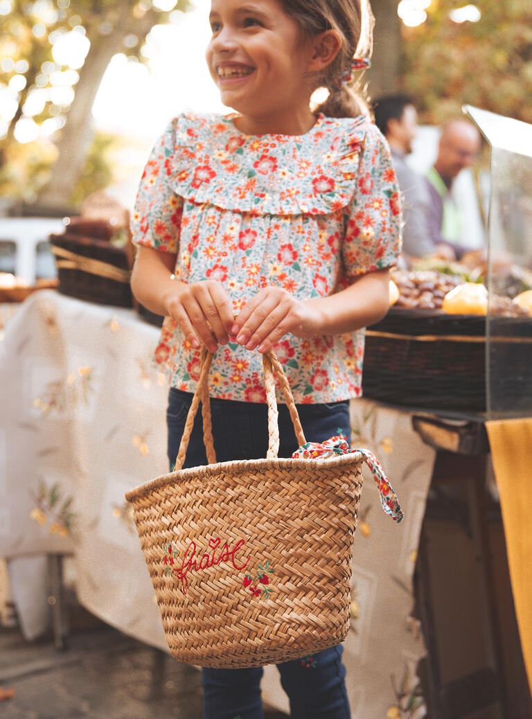 Sac panier en paille brodé Fraise