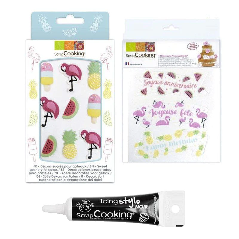 Kit anniversaire Tropical décors sucrés et décors azyme + Stylo de gla