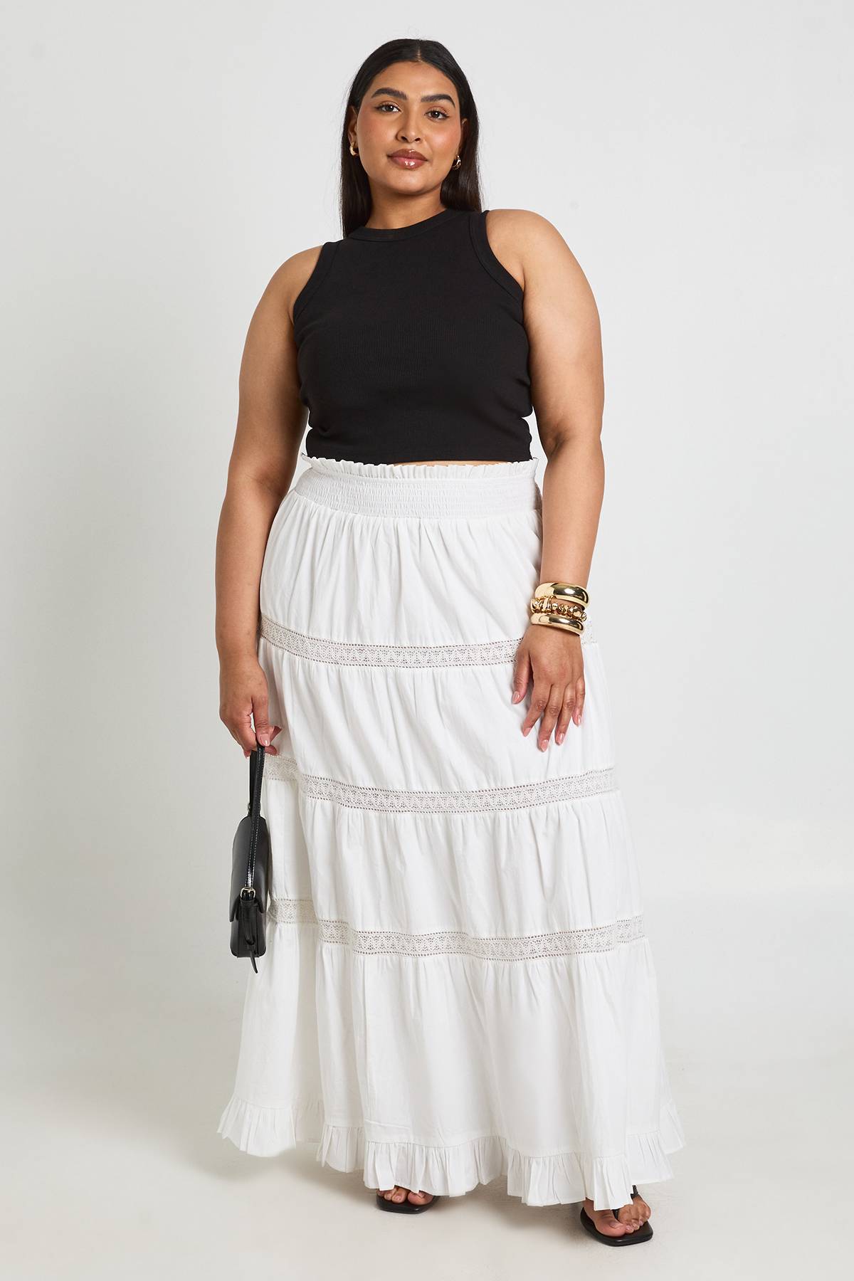 boohoo Jupe Longue Évasée En Popeline Grande Taille Avec Détails En Dentelle