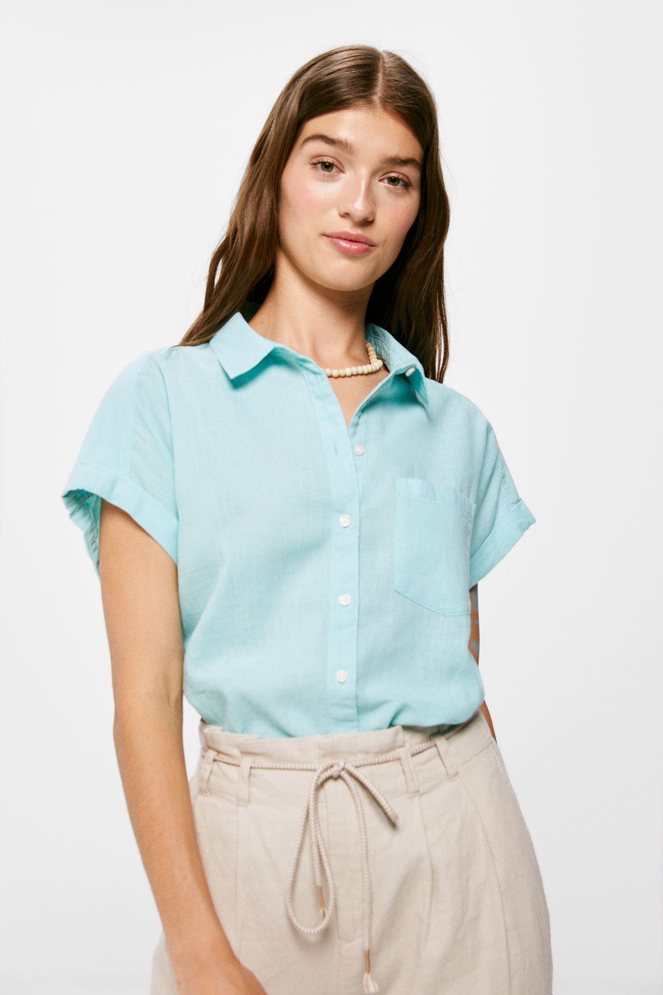 Blusa de manga curta em linho e algodão - Turquesa