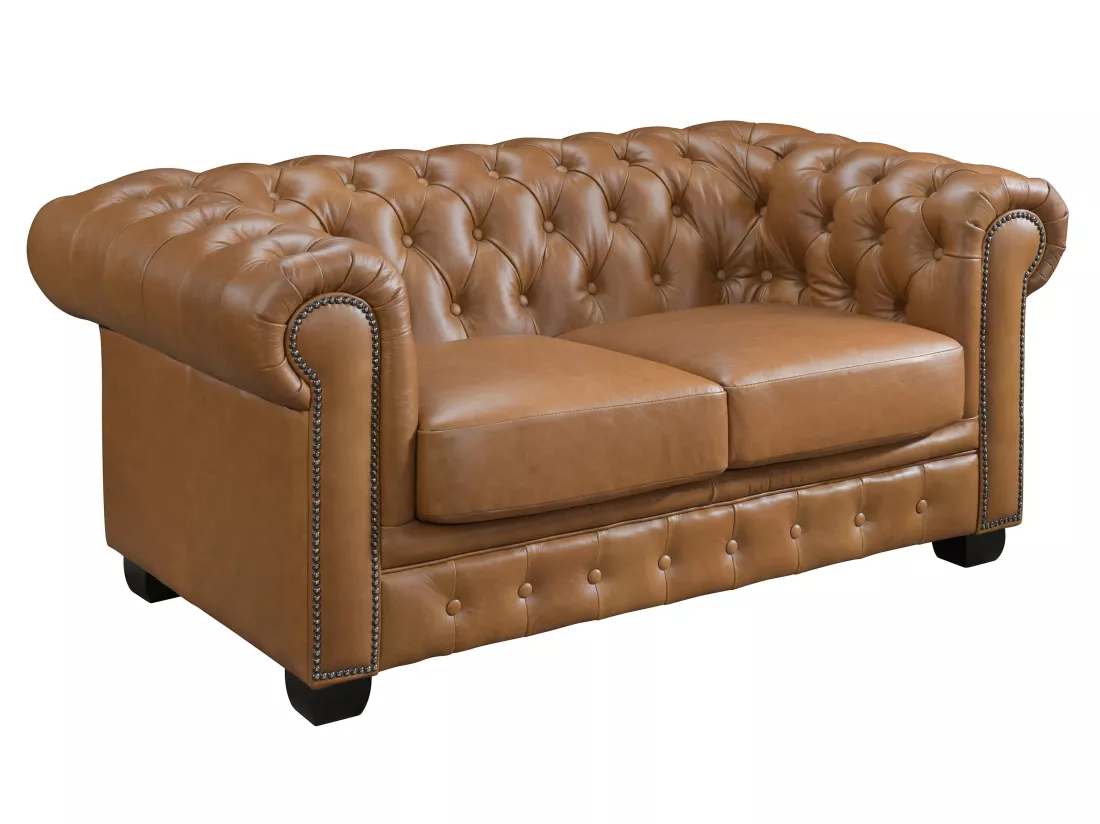 Canapés chesterfield 3 places et 2 places BRENTON 100% cuir de buffle premium - Caramel vintage