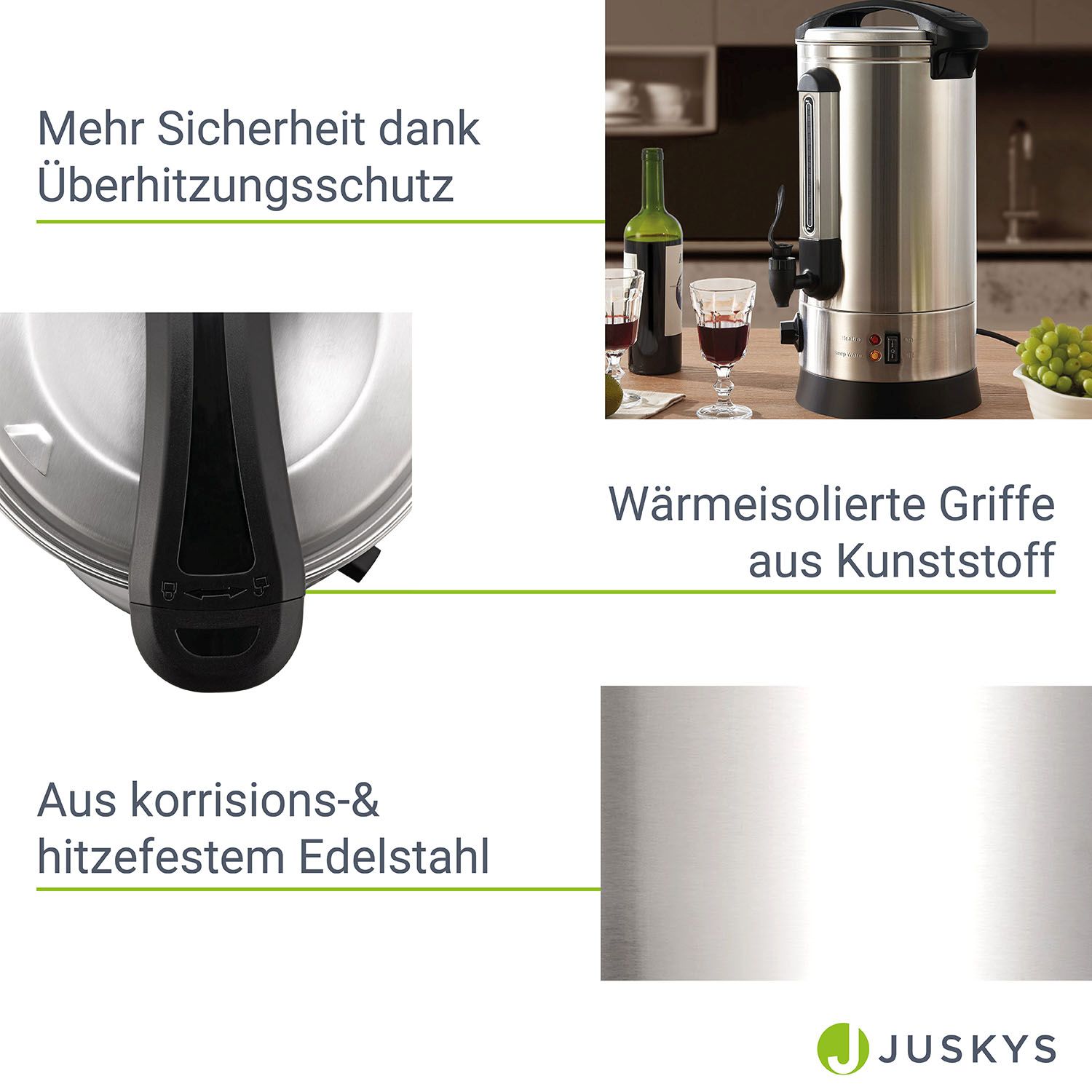 Juskys Glühweinkocher Teramo 10 Liter aus Edelstahl mit Zapfhahn - Heißgetränkespender Glühweinkessel