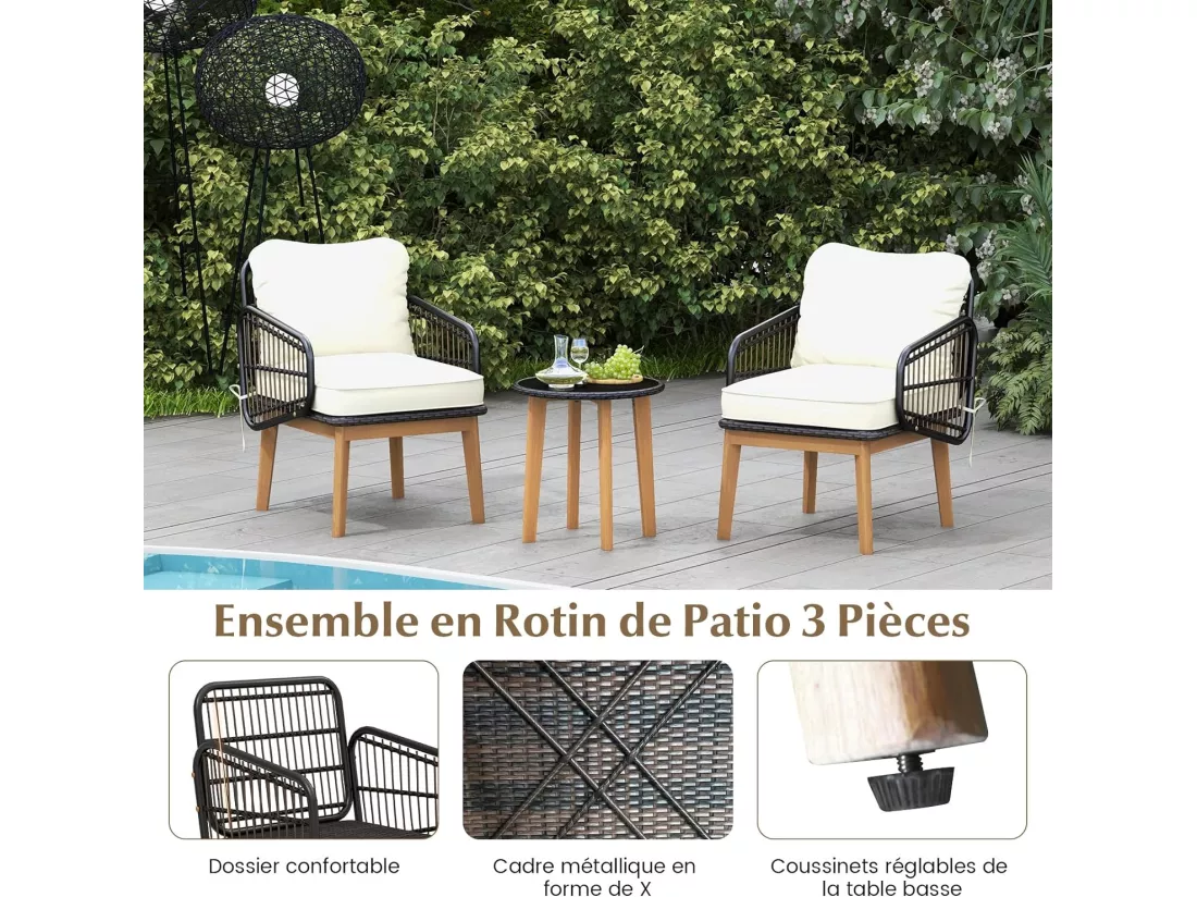 Ensemble de Meubles 3 Pièces de Patio en Rotin et fibre naturelle Charge 180KG, Salon de Jardin 2 Fauteuils Table Basse en Verre Trempé avec Coussins Lavables Accoudoirs pour Jardin Balcon