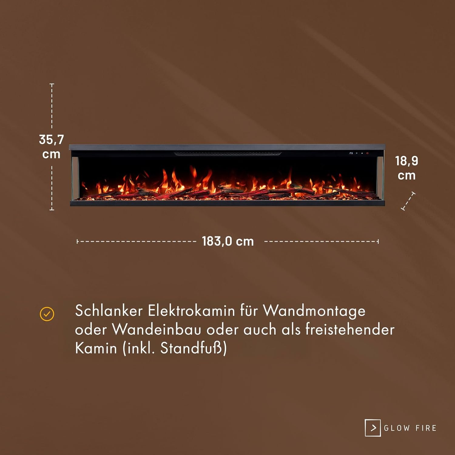 GLOW FIRE Elektrokamin Insert 182 mit realistischem 3D LED-Feuer - Wand-Elektrokamin mit Heizung und Kaminfeuer, App Steuerung, Knistereffekt & Timer, max. 1800 W, 183x35x19cm