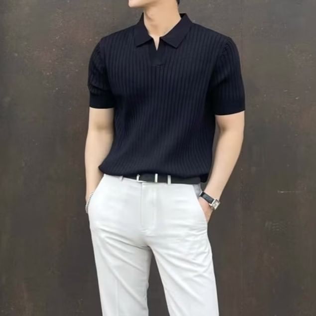 Double White - Poloshirt met korte mouwen en V-hals, effen geribbeld breisel