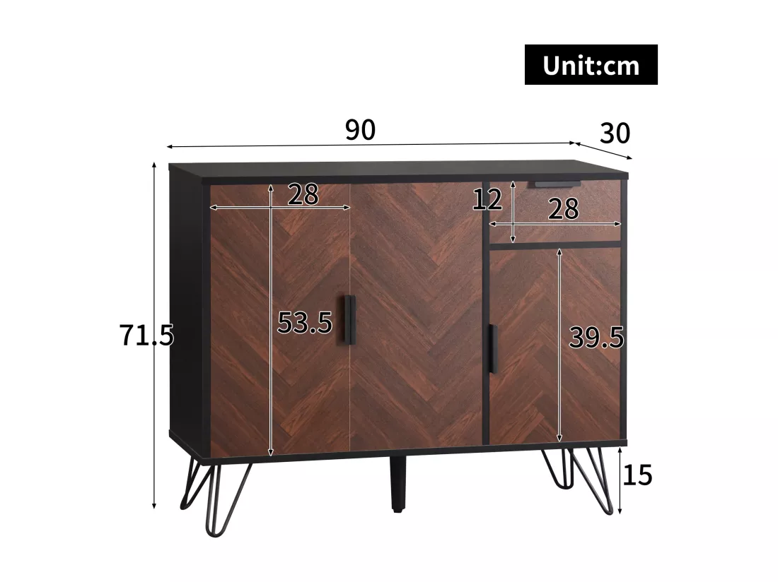 Buffet avec 3 portes et 1 tiroir - 90 x 30 x 71,5 cm - étagères réglables - MDF et panneau de particules - Noir et bois