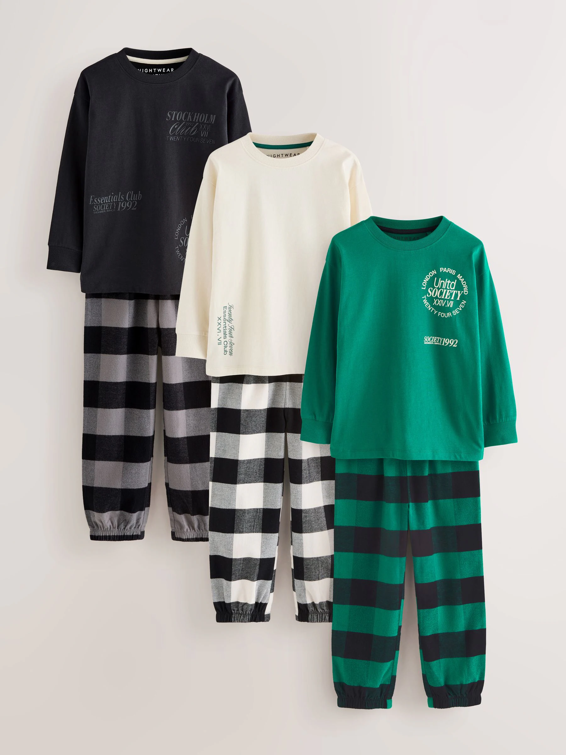Zwart/groen/wit - Verpakking van 3 geweven geruite pyjama's (3-16 jr)
