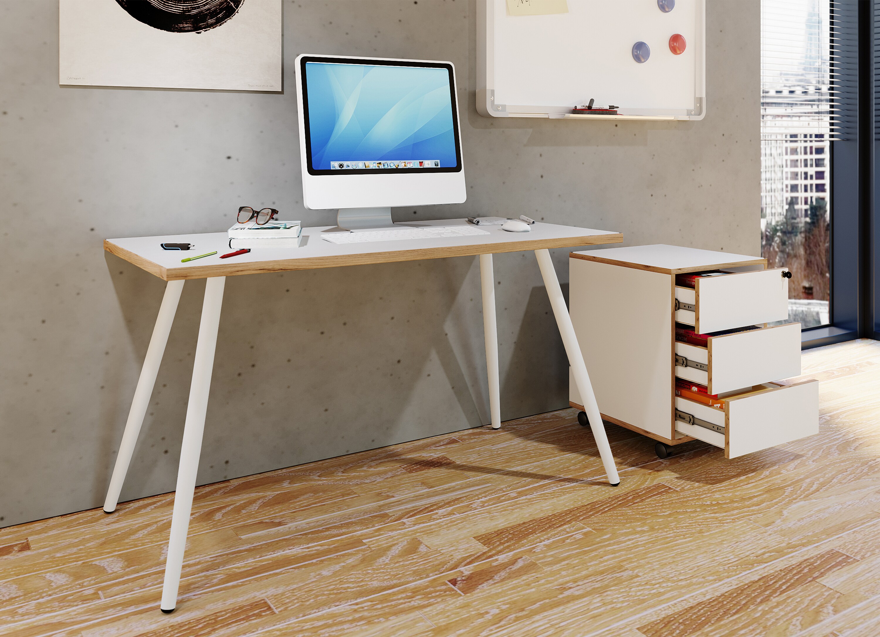 VCM Schreibtisch Computertisch Bürotisch Skandanivischer Retro Look Salia 138x80 cm