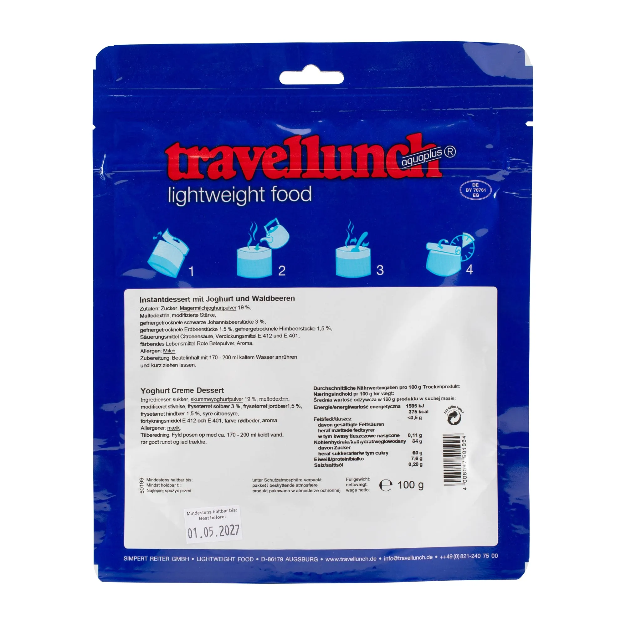 Travellunch -  Instantdessert mit Joghurt und Waldbeeren