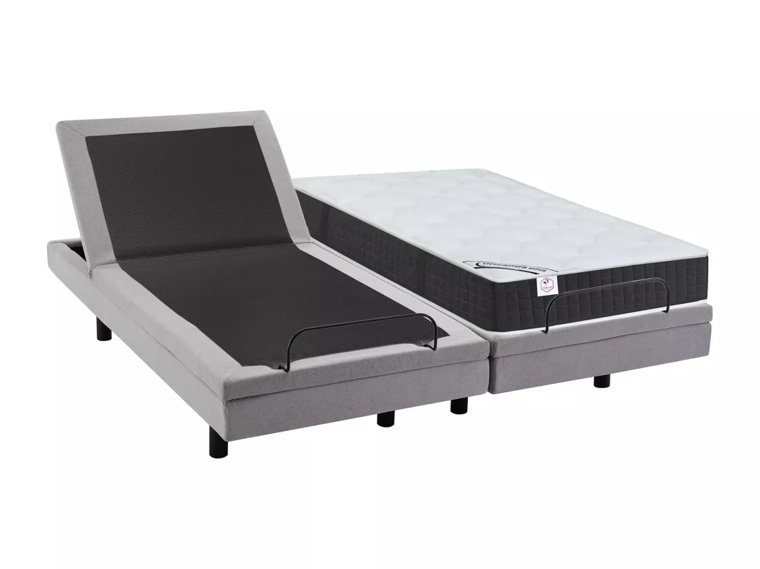 Lit électrique de relaxation déco + matelas ressorts ensachés et mémoire de forme - 2 x 90 x 200 cm - Tissu - Gris - RIZALI de YSMÉE
