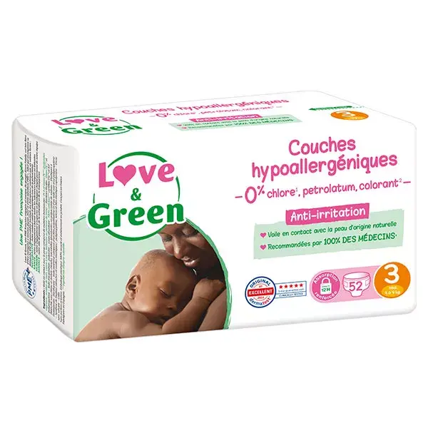Fraldas hipoalergênicas Love & Green, tamanho 3 (4-9 kg), pacote com 52 unidades.