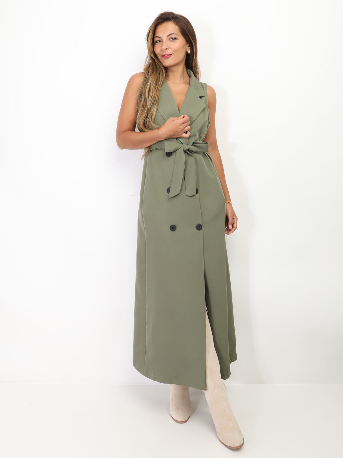 Robe longue style blazer à nouer- Kaki