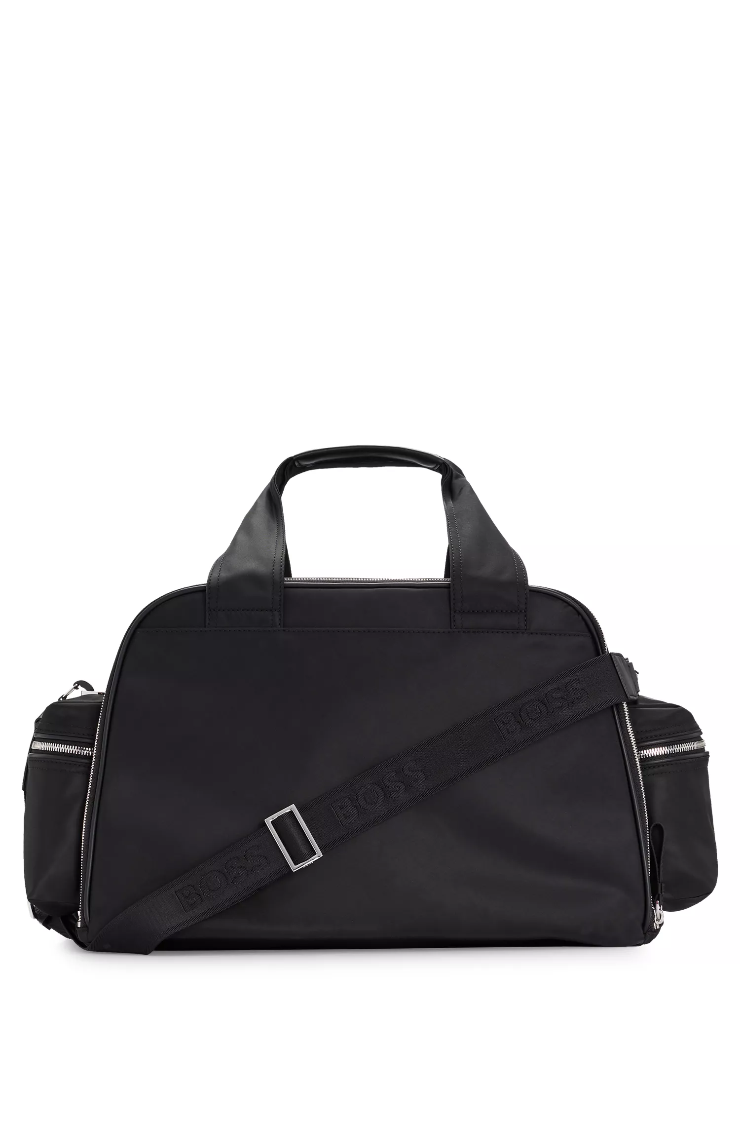Bolsa de viagem BOSS preta com vários bolsos e placa com o logotipo polido.