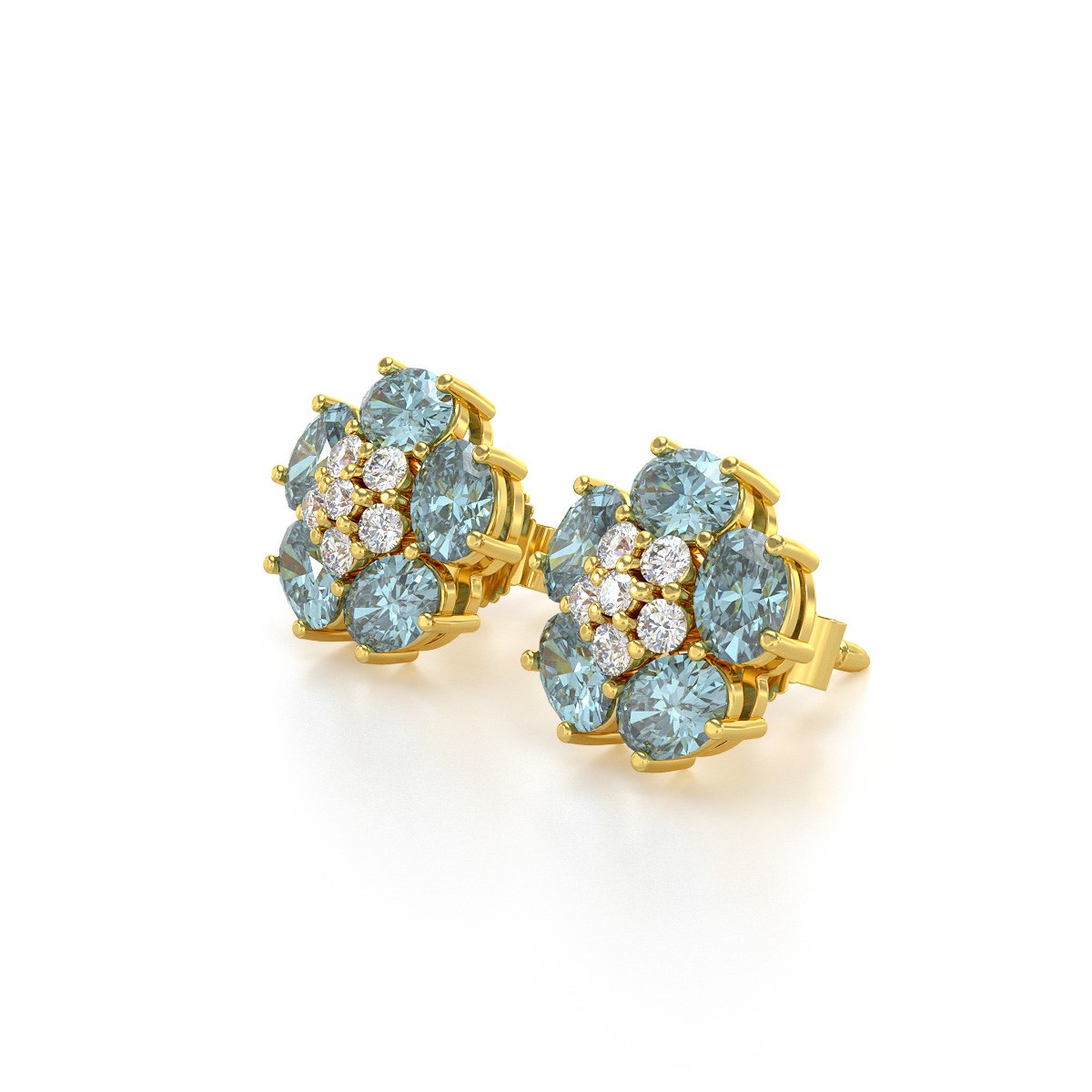 Boucles d'oreilles ADEN Or 585 Jaune Aigue-Marine Fleur et Diamants 2.86grs