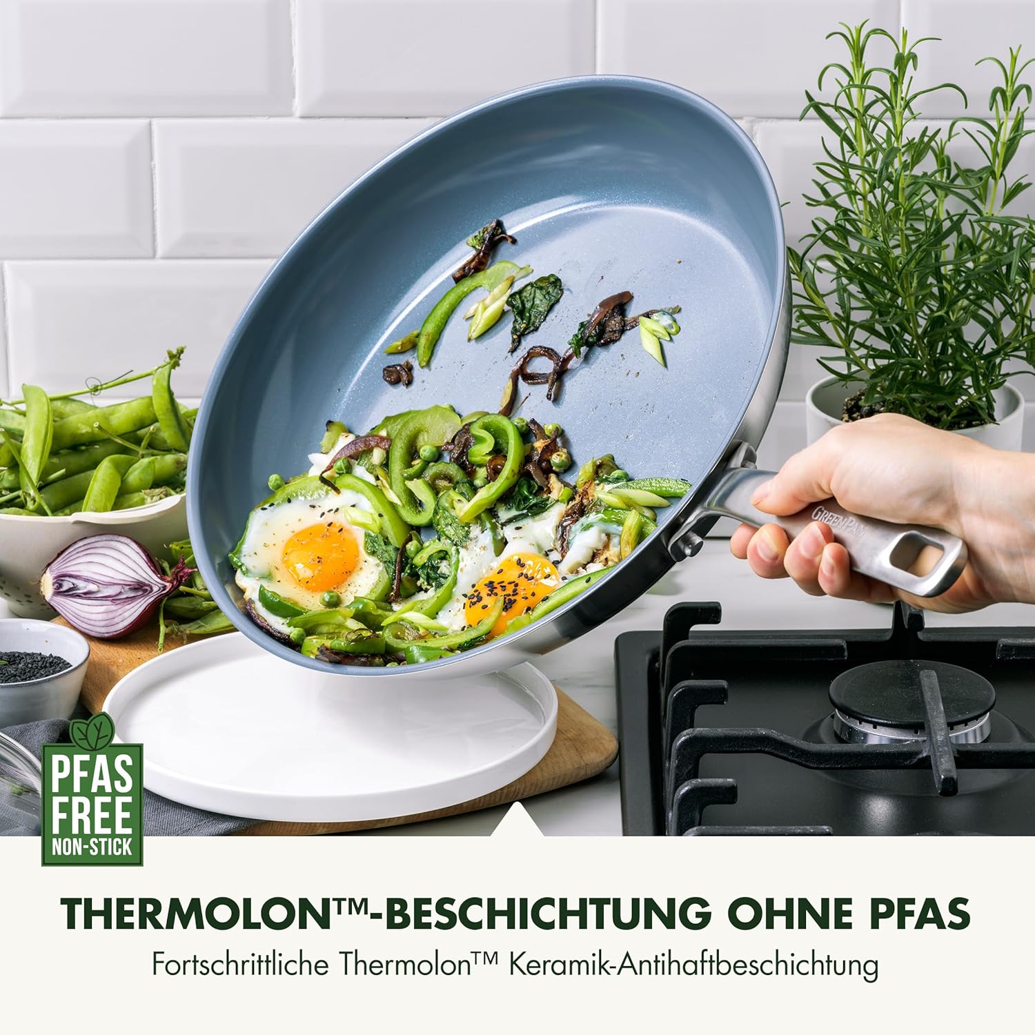 GreenPan Treviso Edelstahl Gesunde Antihaftbeschichtung aus Keramik 10-teiliges Kochgeschirr-Set, inkl. Bratpfannen, Sautierpfanne, PFAS-frei, Induktion, backofenfest, spülmaschinenfest, Silber