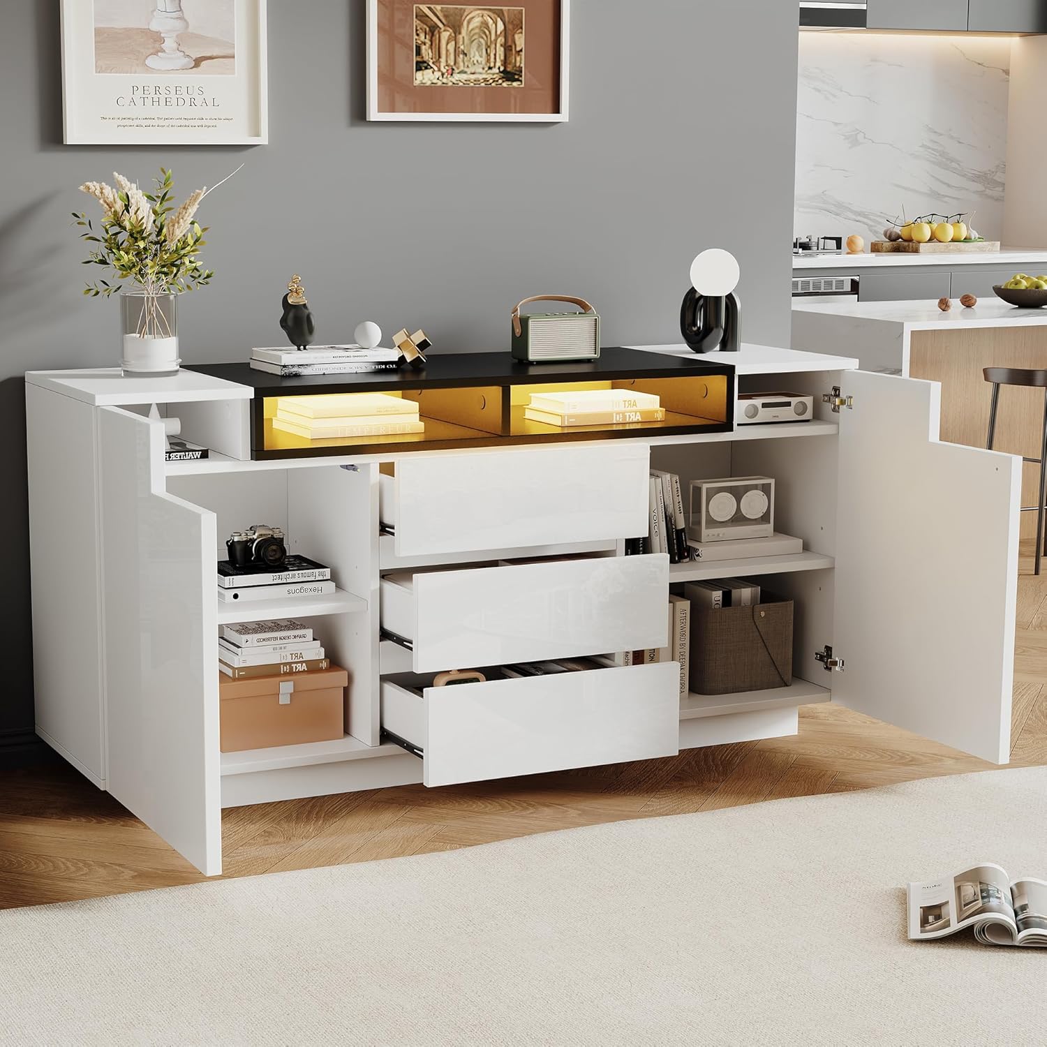 ModernLuxe LED Sideboard Hochglanz Kommode 140x40x68cm,3 Schubladen und 2 L-Türen, Wohnzimmer Sideboard Weiß Schwarz mit Verstellbaren Regalen