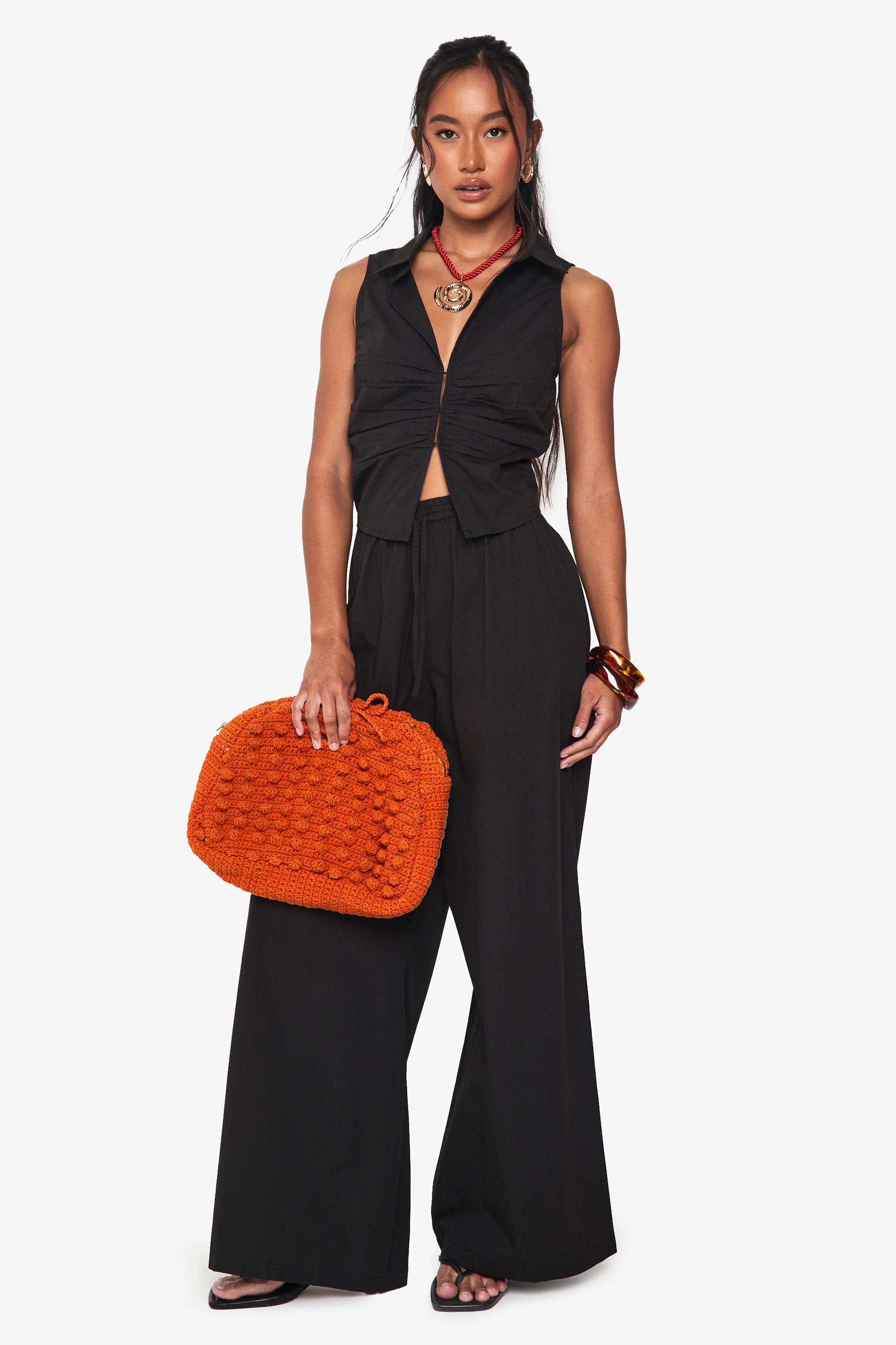 boohoo Pantalon ample en popeline à jambes larges et taille à cordon