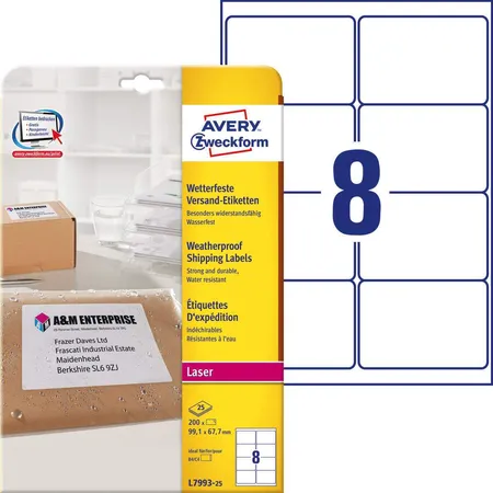 Avery Zweckform L7993-25 Versandetiketten,A4 99,1 x 67,7 mm, 25 Bogen/200 Etiketten, weiß
