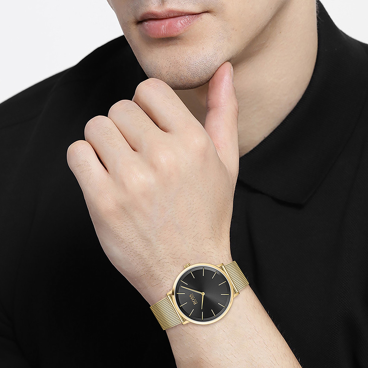 Montre Boss homme acier doré jaune maille milanaise