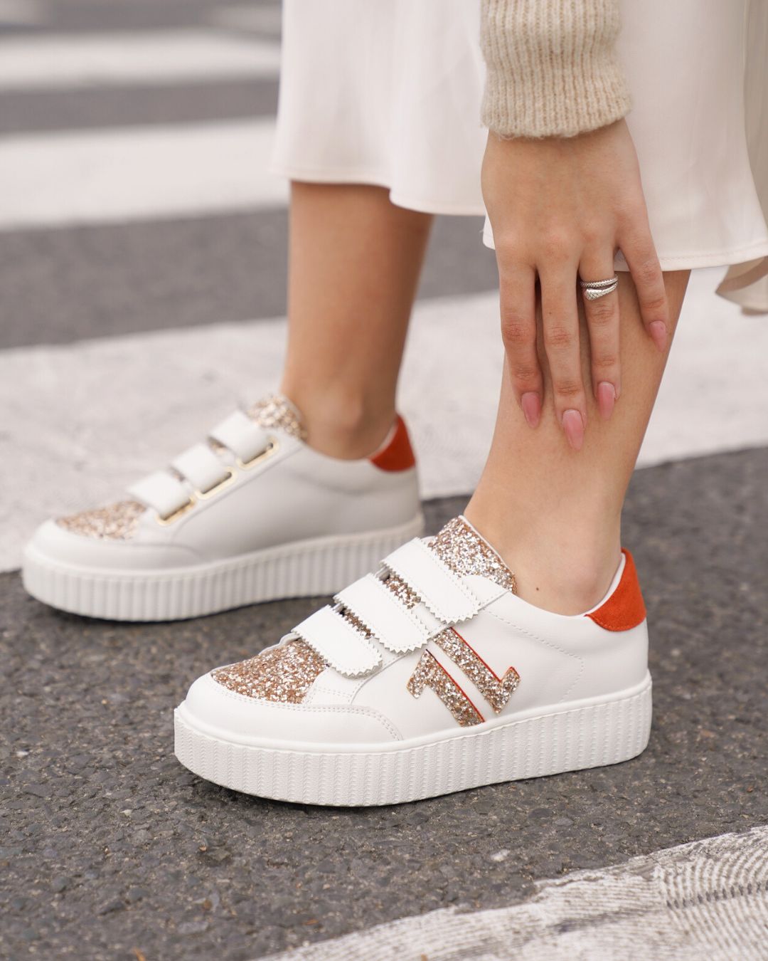 Basket femme blanche creepers à scratch - CL73 ORANGE