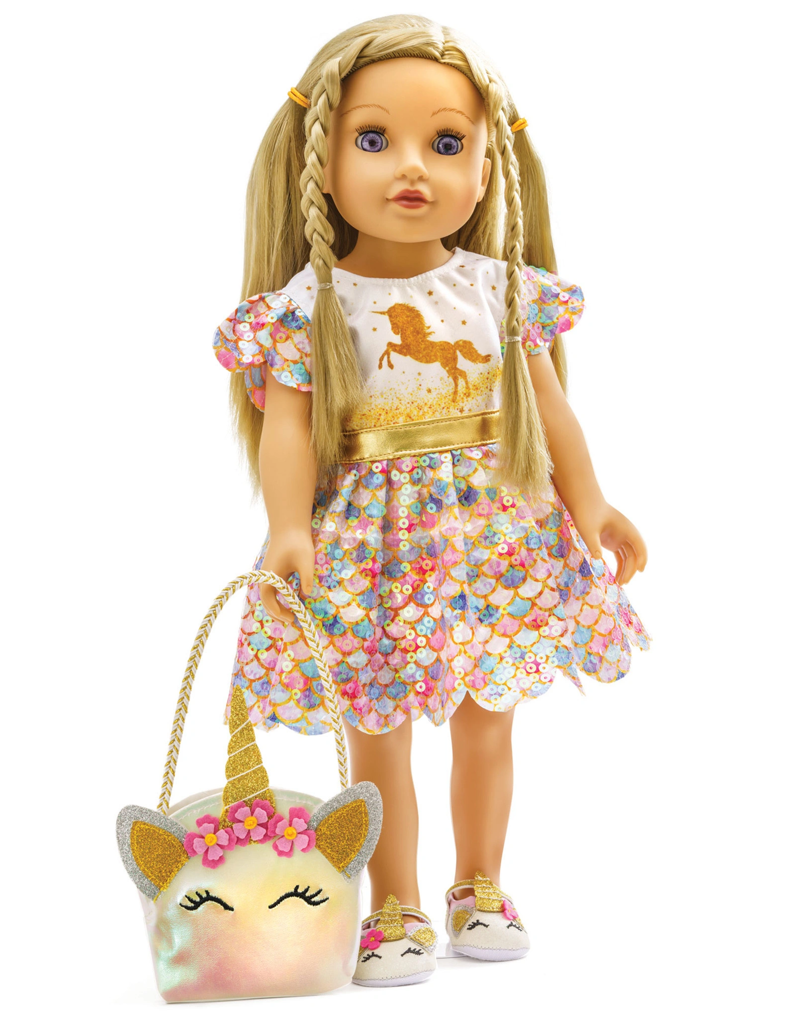 Puppenkleid GLITZER EINHORN GOLDY (35-45 cm) in bunt