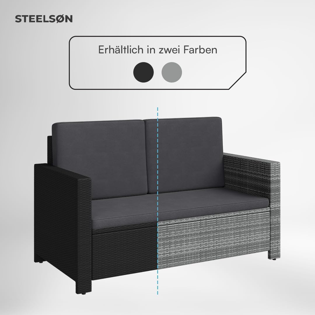 STEELSØN Gartenbank Elnath aus Polyrattan, Gartensofa für 2 Personen, Balkonmöbel 2er Sofa mit Polster wetterfest, Terrassenmöbel in schwarz/anthrazit 73x65x130 cm (HxTxB)