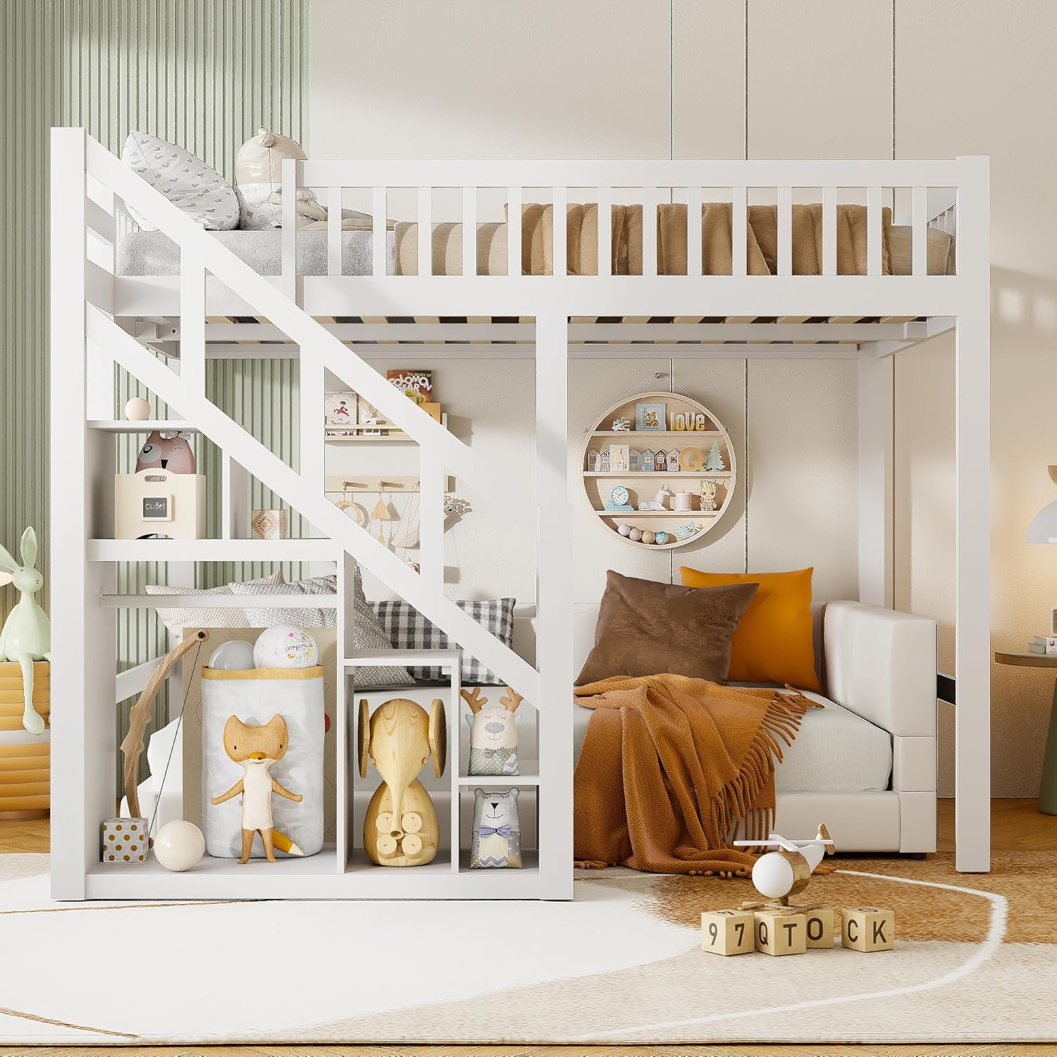 Kinderbett Etagenbett 140x200, Hochbett 140 x 200 mit Treppe, Staurau, Gitter und Rausfallschutz, Hochbett für 2 Kinder, Jugendhochbett mit Lattenrost, Kiefer, Ohne Matratze (Weiß A01, 140x200)
