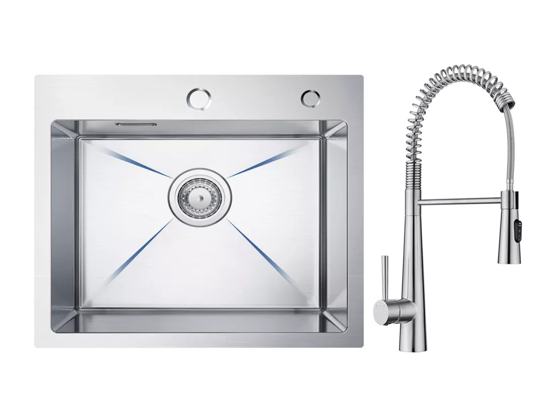 Cecipa max Évier Inox Évier Cuisine 1 Bac 50 × 45 cm Évier de Cuisine Brossé + Mitigeur de Cuisine à Ressort avec 3 Modes de Sortie D'eau, Brossé