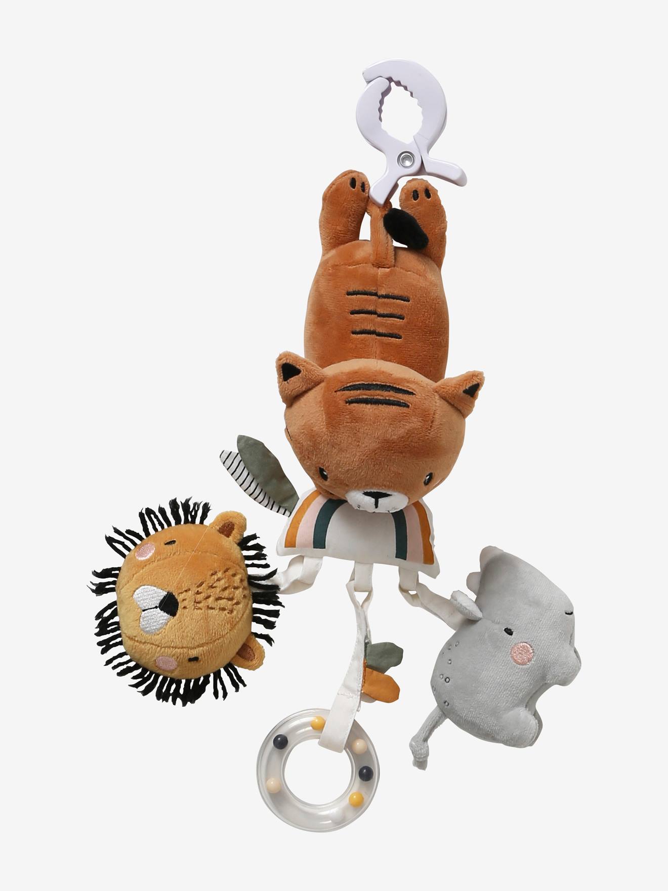 Brinquedo de estimulação Tanzânia bege médio, macio, com clipes e padrões.