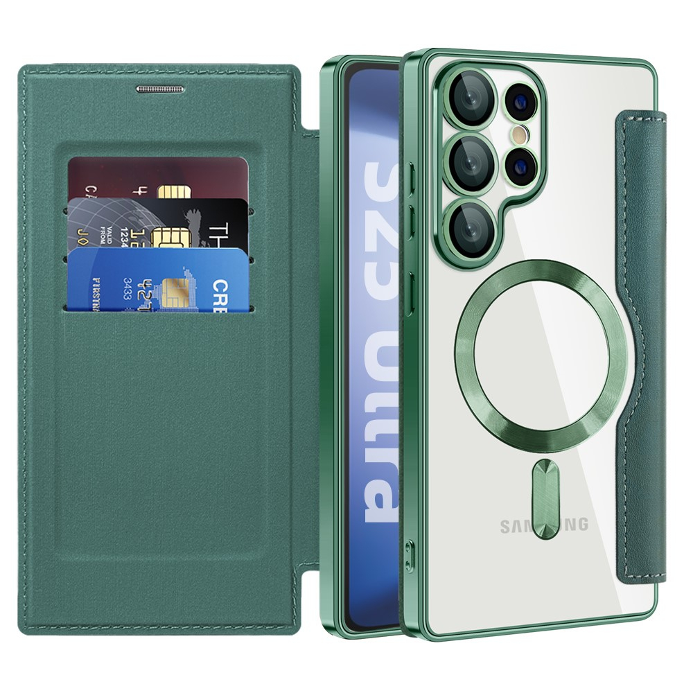 Samsung Galaxy S25 Ultra Hybrid Leder Tasche   Kunststoff Rückseite MagSafe-Modul (RFID Schutz) - Grün / Transparent