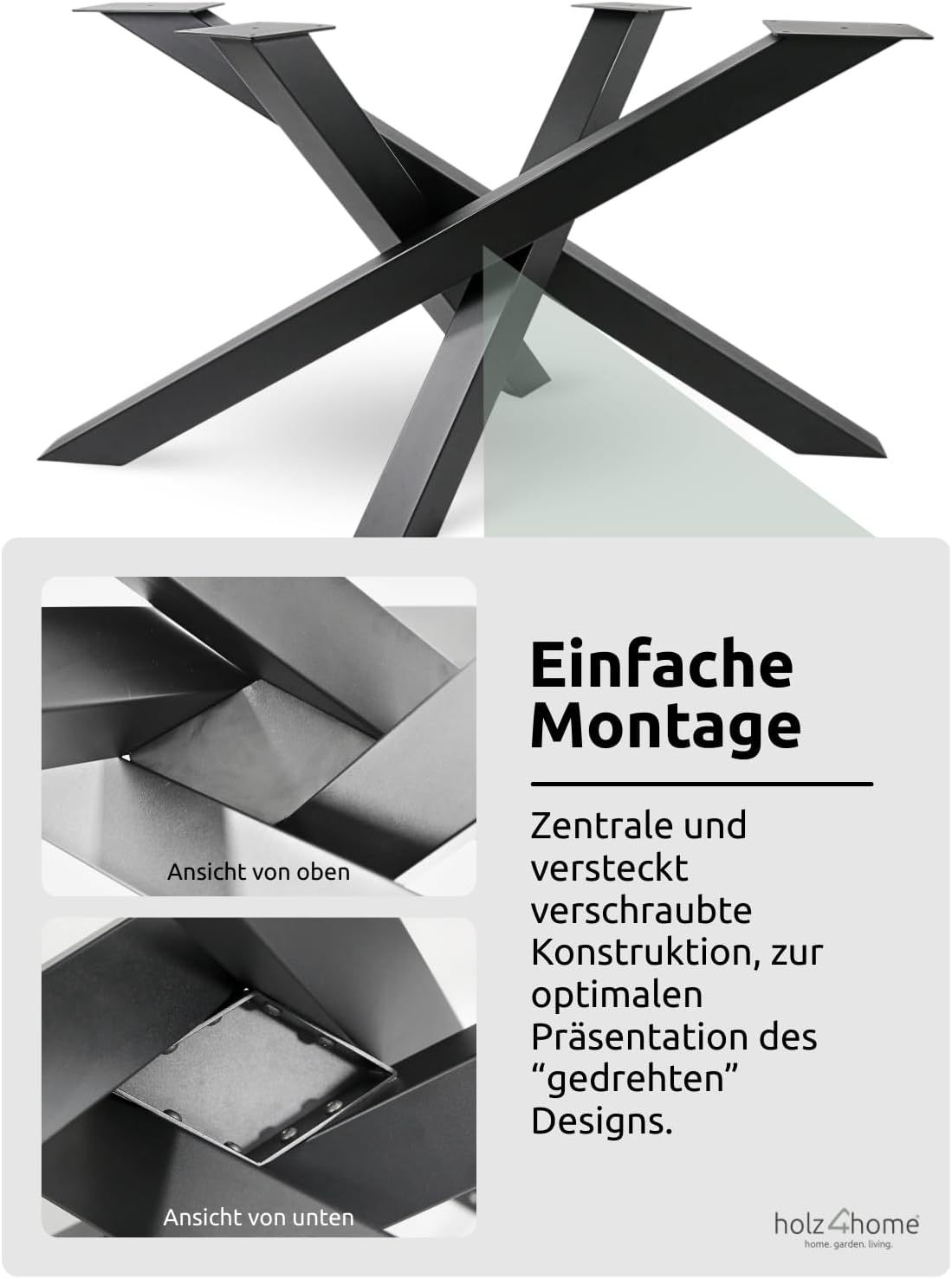 holz4home® Tiempo Spider Tischgestell in Schwarz Pulverbeschichtet I Höhe: 72 cm I Universal Gestell I Standfestes, Gedrehtes Gestell aus Stahl