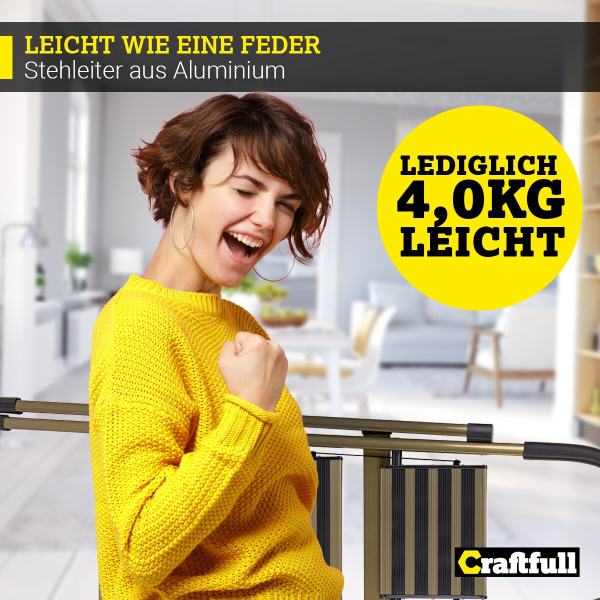 Craftfull Design-Stehleiter CF-134A, Aluminium-Klappleiter, 6cm dünn, Champagner/Silber, 3-5 Stufen (3 Stufen Champagner Edition)