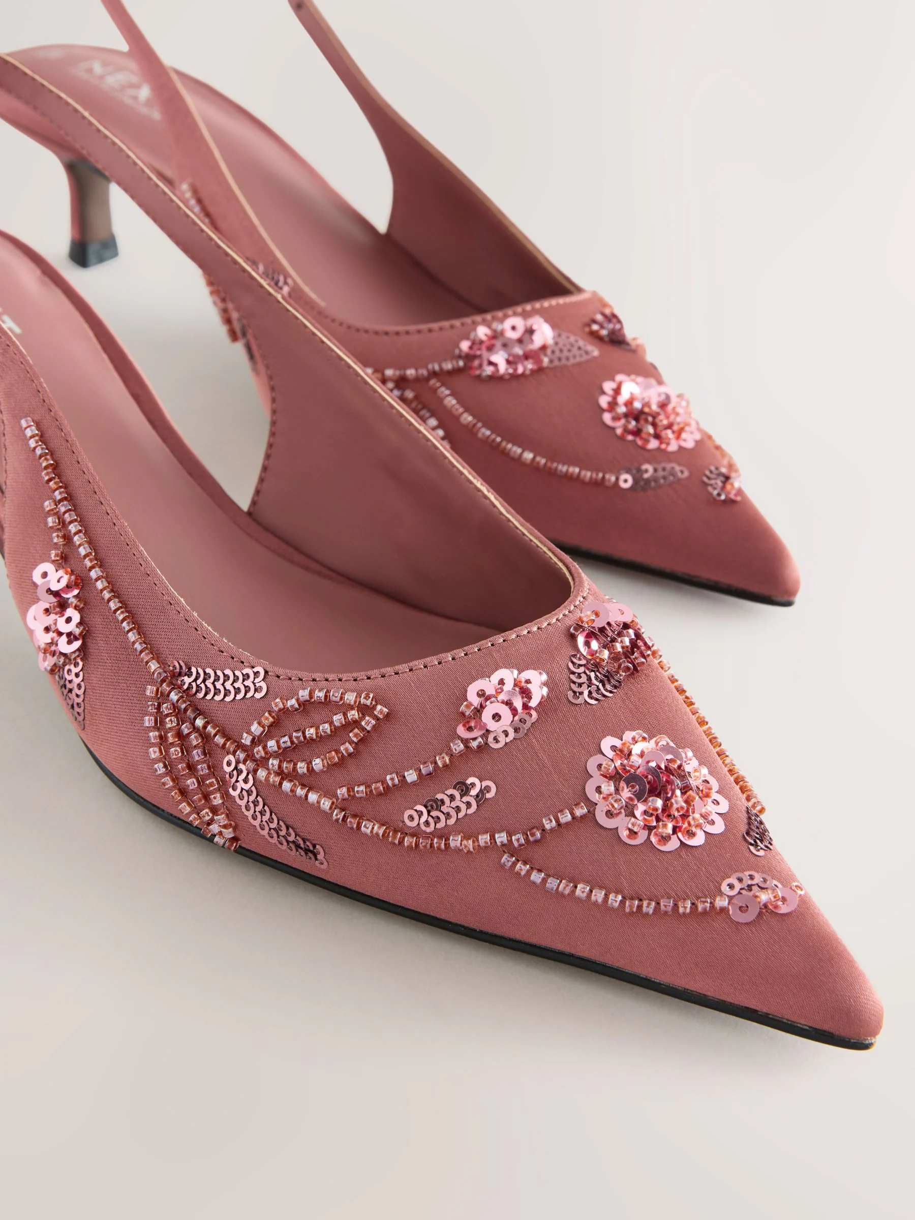 Roze - Forever Comfort Satin Beaded Slingback Kitten Heels