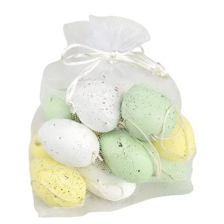 Amsinck & Sell Kunststoffeier, 12 Stück, ca. 6 cm groß, sortiert, weiß, gelb und grün mit braunen Sprenkeln