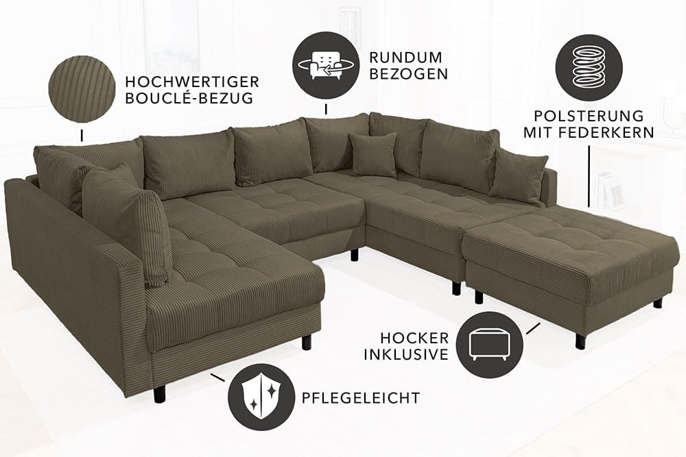 Riess Ambiente Moderne XXL Wohnlandschaft Kent - 305cm - grün Cord - Bigsofa inkl. Hocker mit Federkern Couch