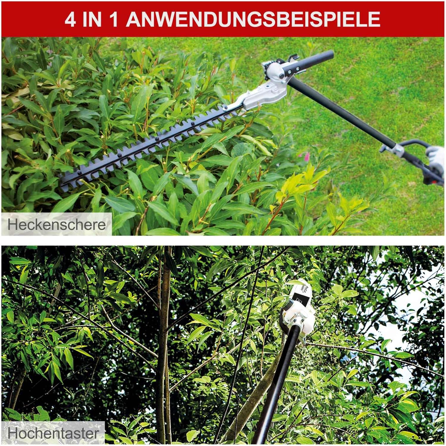 Scheppach Benzin Motorsense MFH5200-4P (1,8 PS, 4in1 Multitool für Garten - Rasentrimmer, Heckenschere, Hochentaster, Kettensäge, 250mm Schwert/Kette, schwenkbar) inkl. 2 Tricord Fadenspulen