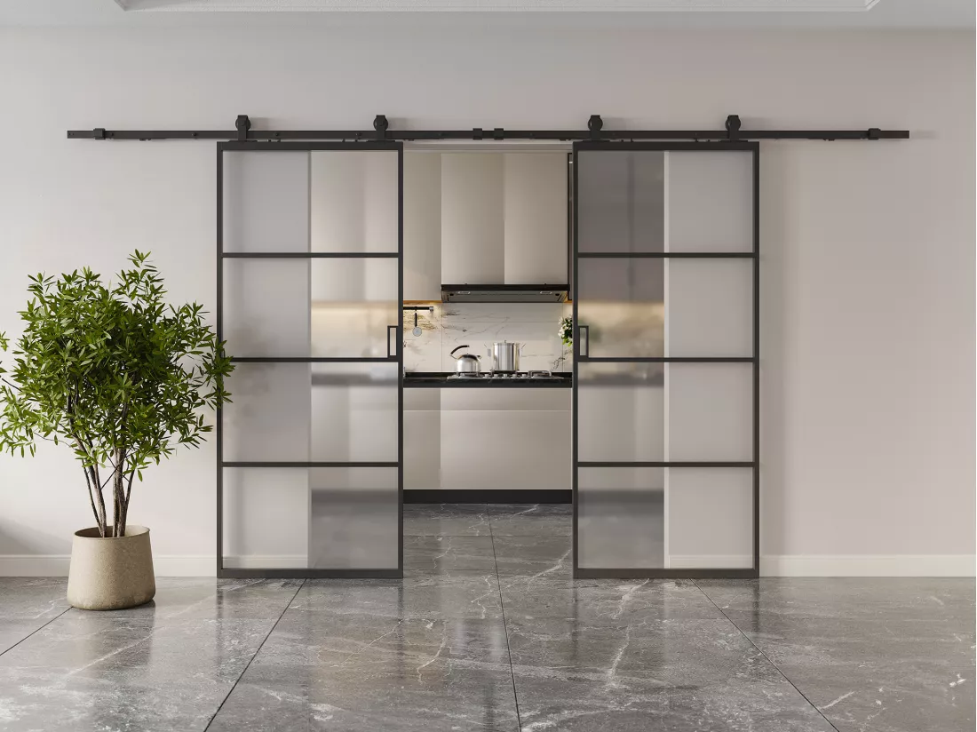Porte coulissante double avec système en applique - aluminium et verre trempé dépoli - 2 x H205 x L73 cm - SINCA II