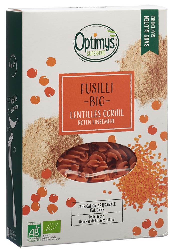 OPTIMYS rotes Linsenmehl Fusilli Bio Btl 250 g