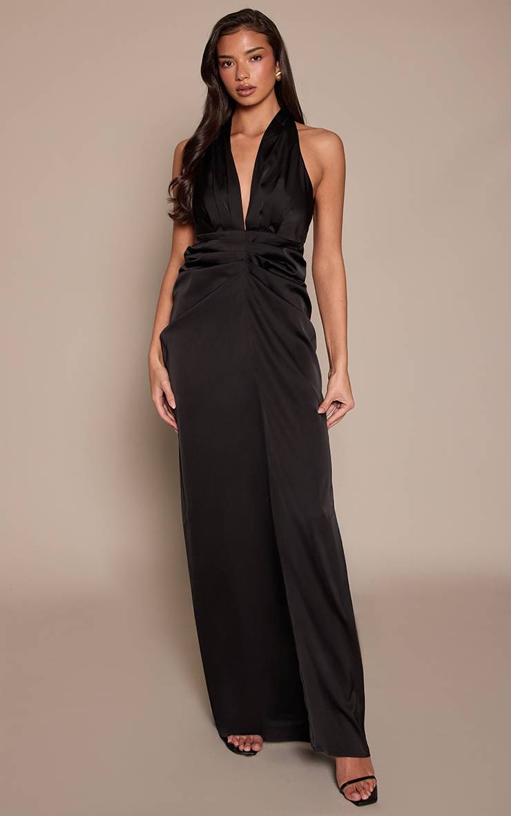 Noir Robe Longue Plongeante En Satin Avec Détails Froncés